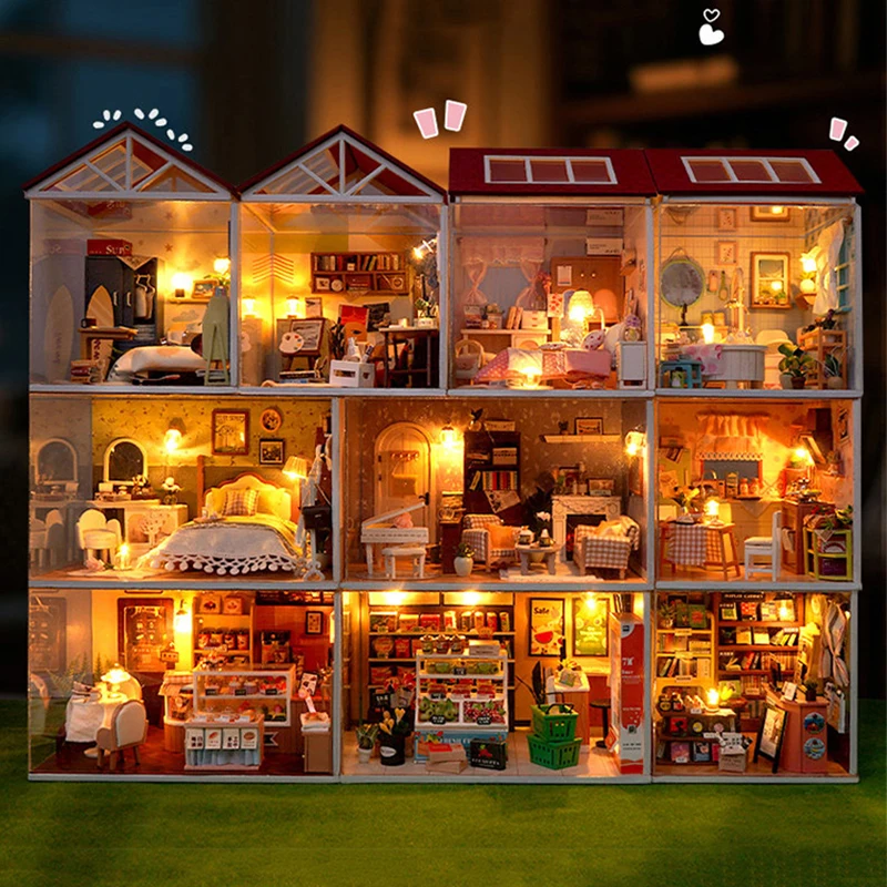 Zestaw do samodzielnego montażu drewnianego modelu miniaturowego sklepu, domków dla lalek 3D z meblami i oświetleniem, idealny na prezent urodzinowy dla przyjaciół.