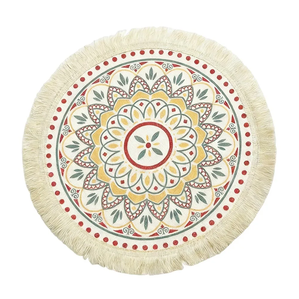 

Retro Heat Resistant Bohemian Placemat Weave Jute Round Woven Placemat Non-Slip Tassel Woven Mat Birthday Decoration