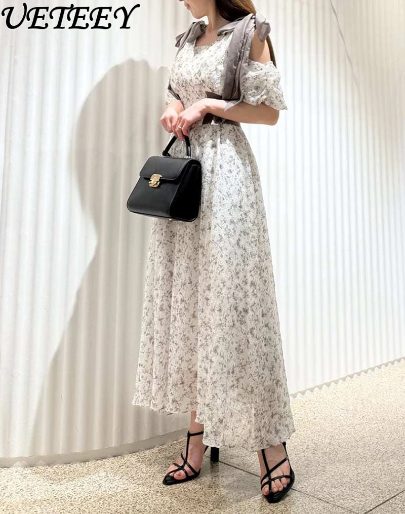 2025년 여름 신상 우아한 오프숄더 허리 리본 숄더 스트랩 프린트 드레스, 니치 하이웨이스트 슬림 드레스, 출퇴근룩