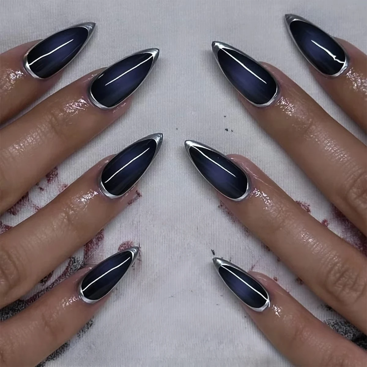 Azul escuro halo tingimento punk tira marrom escuro y2k amêndoa unhas falsas arte estrela lua unhas falsas charme imprensa em unhas ferramentas de manicure