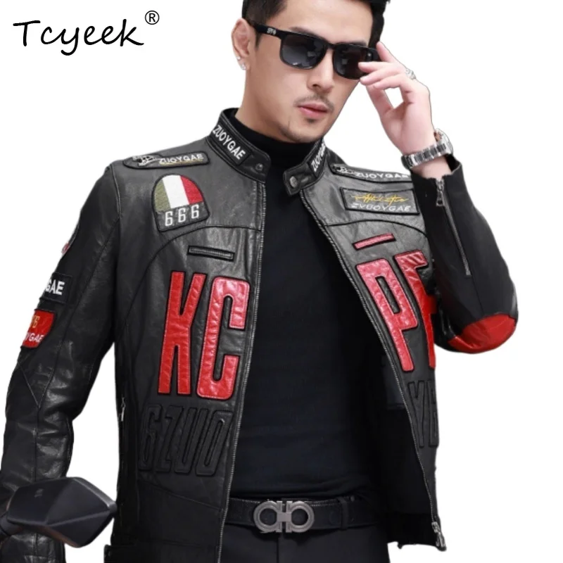 

Tcyeek Верхний слой из коровьей кожи Весна Осень Высококачественная модная мужская куртка с коротким воротником-стойкой Куртка Кожаная Мужская