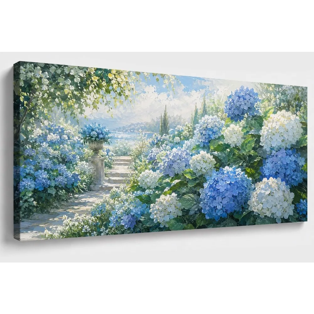 Blue HydrangeaGarden Framed Canvas Wall Art for Living Room Item Highlig or entryway 58x28 Inch, Large Horizontal Wall Art for