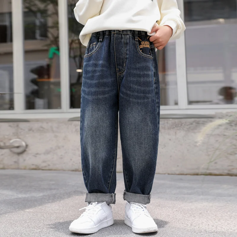 Korean Fashion Kids Boy Straight Classic Regular Jeans Children Luxury Dark Blue Denim Pants Age 5 6 7 8 9 10 11 12 13 14 Years