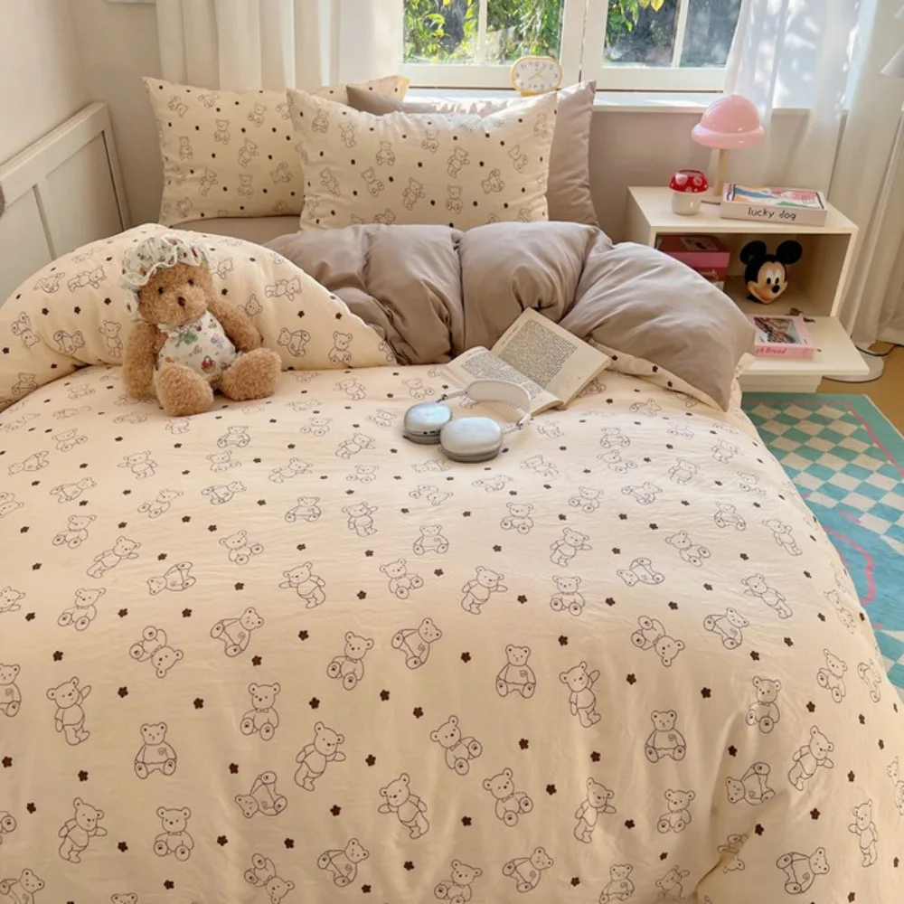 Pure Cotton 4 Piece Bed Set Fitted Sheet Duvet Cover Pillowcases Dorm