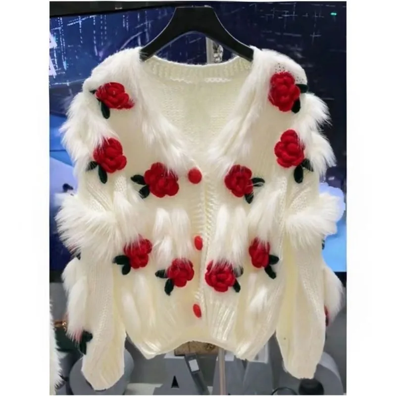 

Women's Models Fairy Autumn Winter Knitting Cardigan Sweater Splicing Rose Crochet Sweet Soft Versatile Slim Trend Brand Fashion