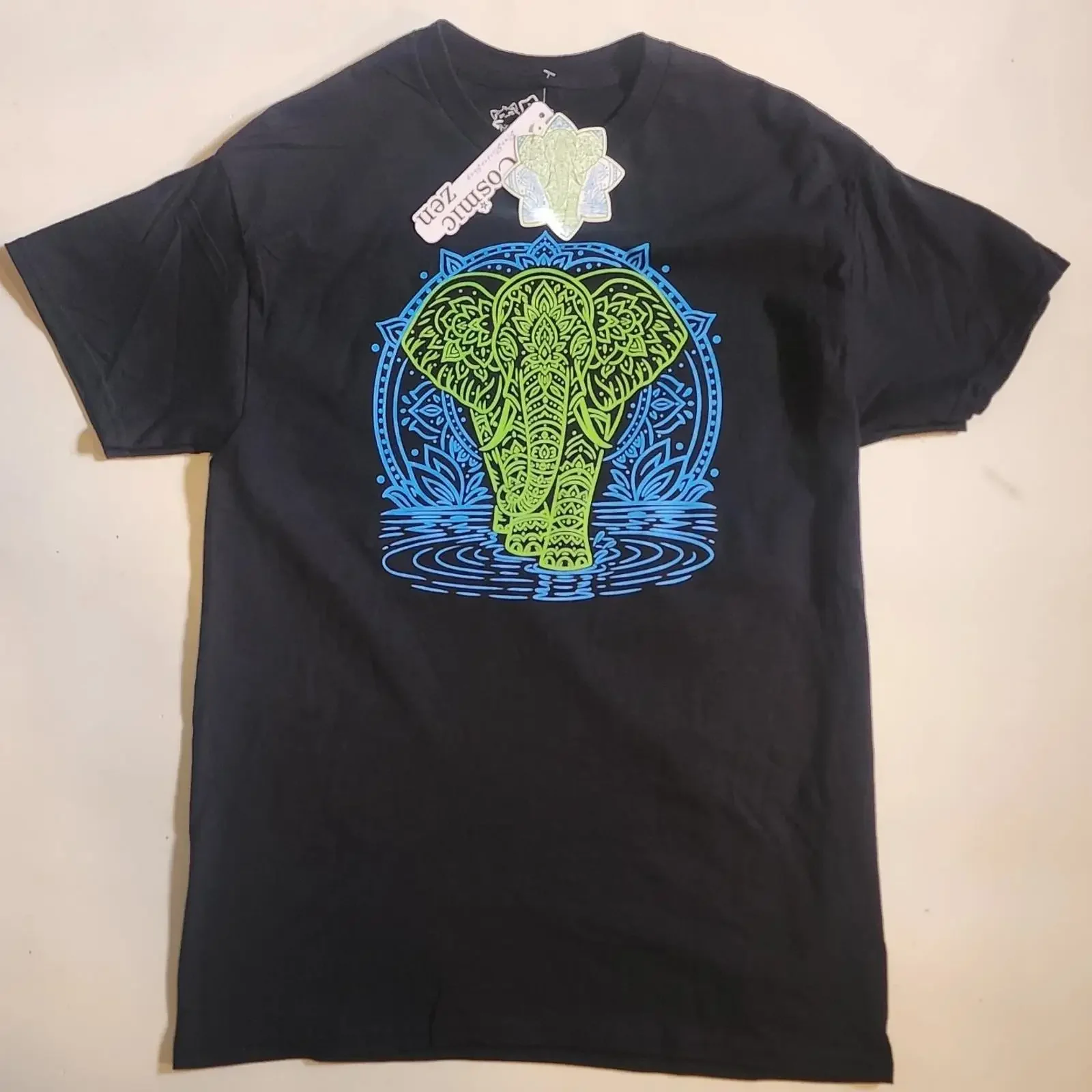 Elephant Mandala T Shirt Cotton Color Black Size M New Cosmic Zen Design vintage Washed Versatile streetwear