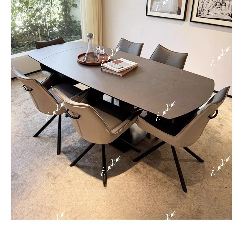 

Italian minimalist retractable carbon steel high-end Carlyle rock slab dining table and chairs