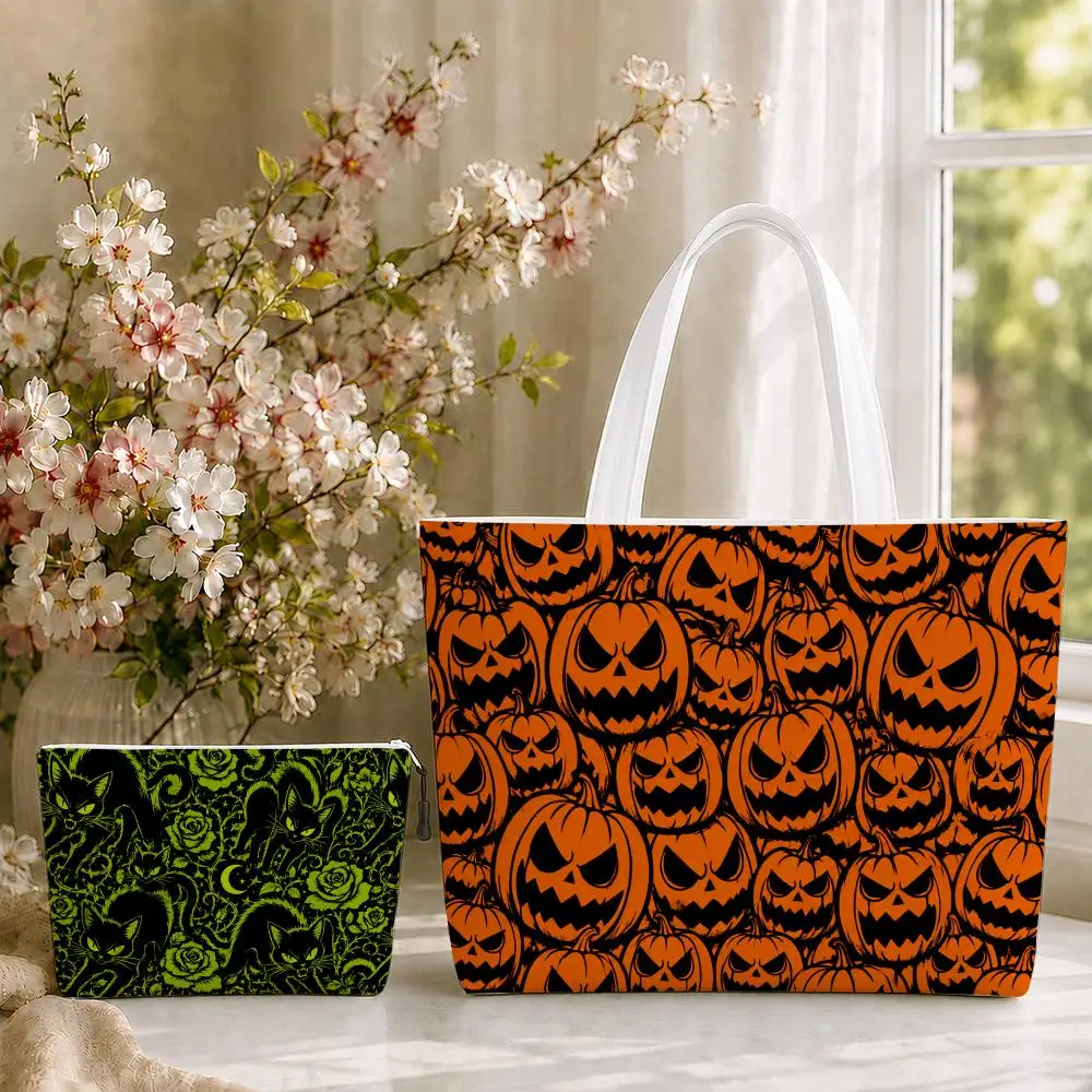 Gothic Halloween Creature Pattern Storage Bags 2-Piece Set Double-Sided Canvas Tote Bags with Zipper Shopping Shoulder Handbags