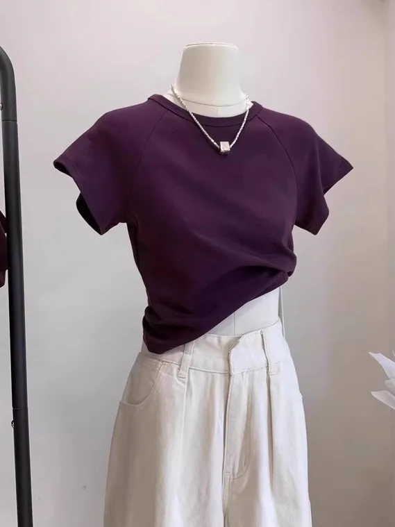 

Summer Basic ort Sve T-irt Women Street Sle Simple Small Wing Sve Slim Fit ort Length Casual Versatile Top
