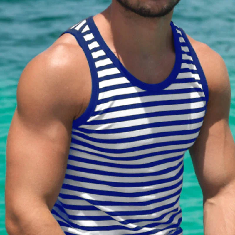 New Summer Men\'s Casual Blue and White Striped Thin Sleeveless Sports Vest Trendy Brand Versatile Repair Very Base Shirt