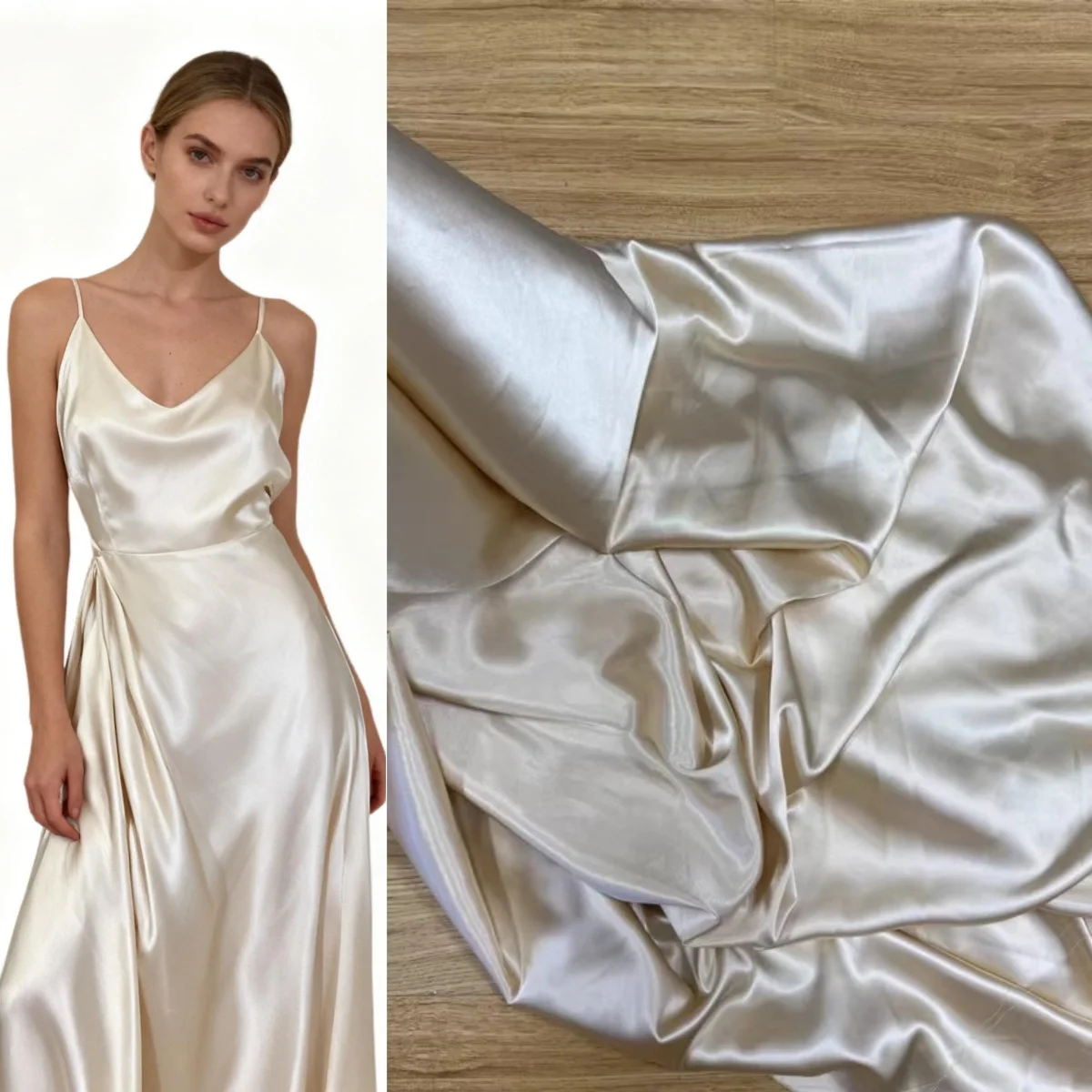 Kain satin lembut halus mengkilap warna champagne untuk menjahit gaun malam, kemeja tidur, DIY tekstil rumah