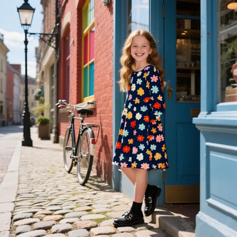 

Girls' Floral Element Print Dress 2025 New Product, Long-sleeved Knee-length Casual Children's Clothing, Girls' Fashion Clothing