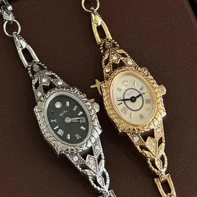 Medieval Vintage Women Watch Japanese Quartz Oval Carving Bracelet 18K Brass Fine Watch for Women