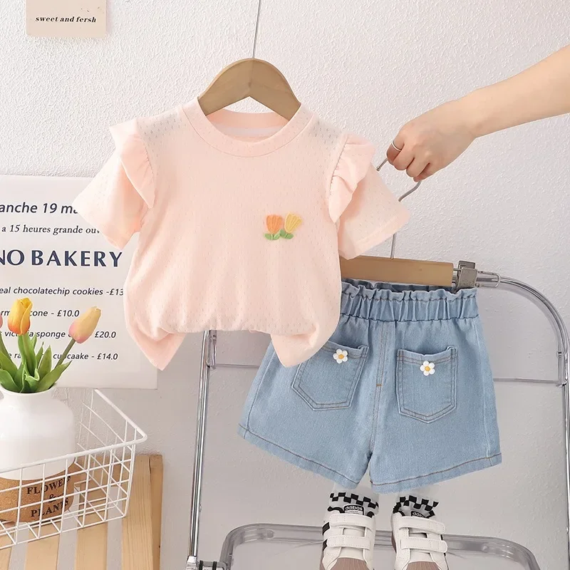 Summer Baby Girls Floral Short-sleeved T Shirt Denim Shorts Children Clothing Sets Kids Princess Clothes Toddler Infant Outfits