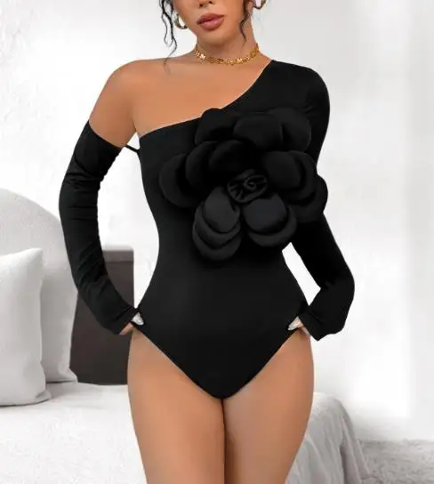 

Bodysuit Women 2025 Spring New Elegant and Sexy Large Three-Dimensional Decor Off Shoulder Long Sleeve Solid Color Bodysuit