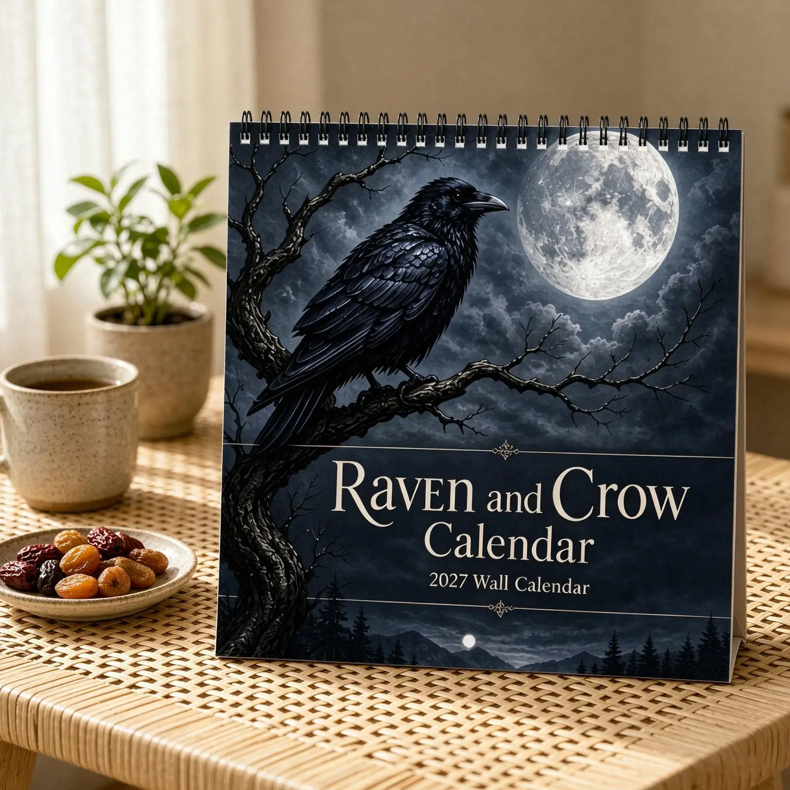 Raven Calendar 2027 12 Months Spiral Binding Wall Calendar Black Bird Artwork Planner for Home Office, Living Room Study