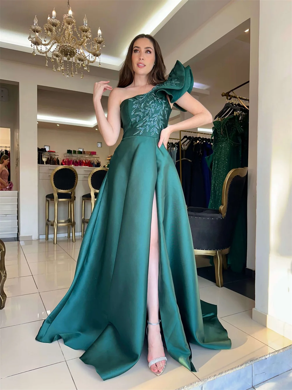 Cathy personalizado verde um ombro apliques a linha vestido de baile lado split plissado vestidos de noiva até o chão vestido de noite