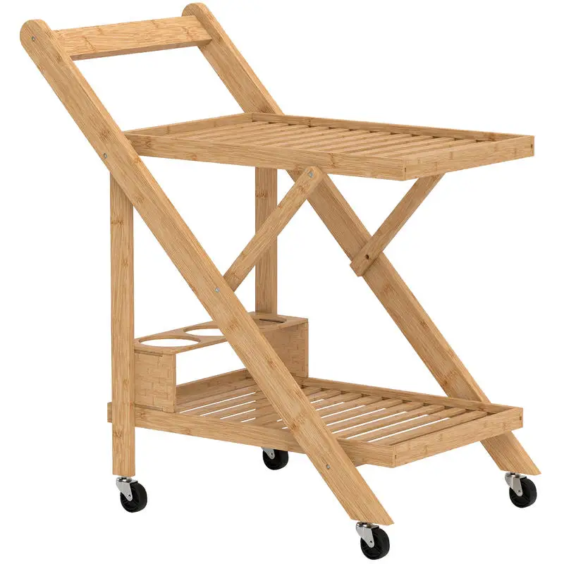 Chariot de cuisine sur roulettes, chariot de service avec 3 porte-bouteilles, 2 plateaux, pour cuisine, salle à manger, bois de bambou, marron clair