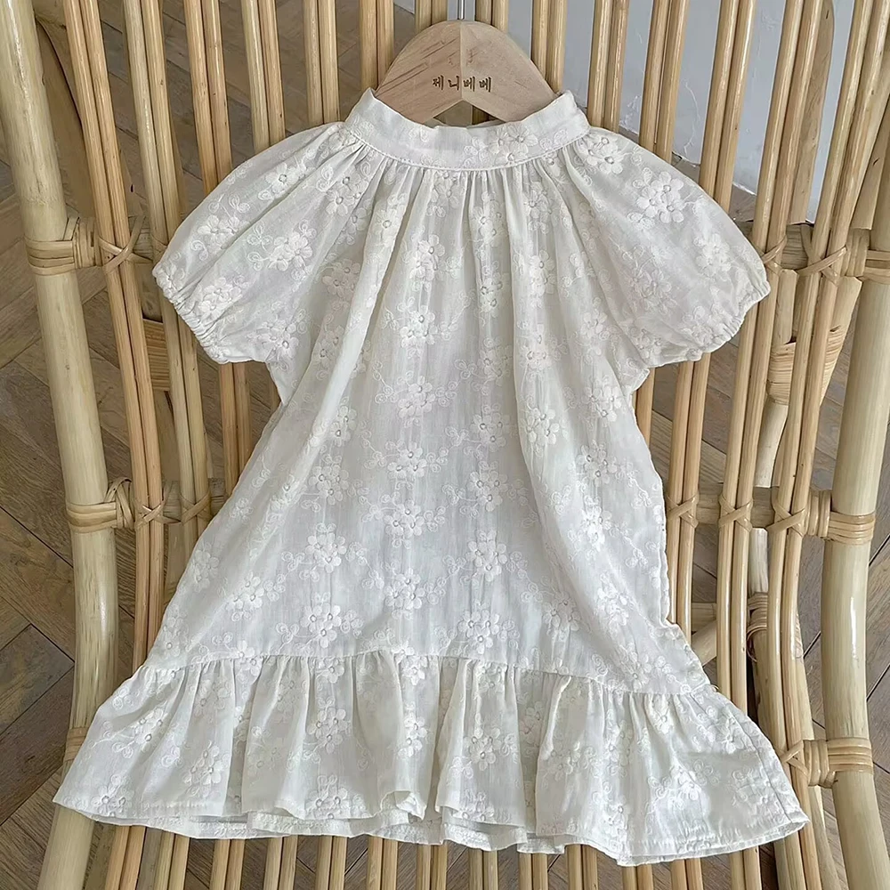 Sommerkleid für Mädchen, Kurzarm-Prinzessinnenkleid mit Stickerei, Kleinkinder-Spitzenkleid mit Rüschen, Strandkleid für Kinder