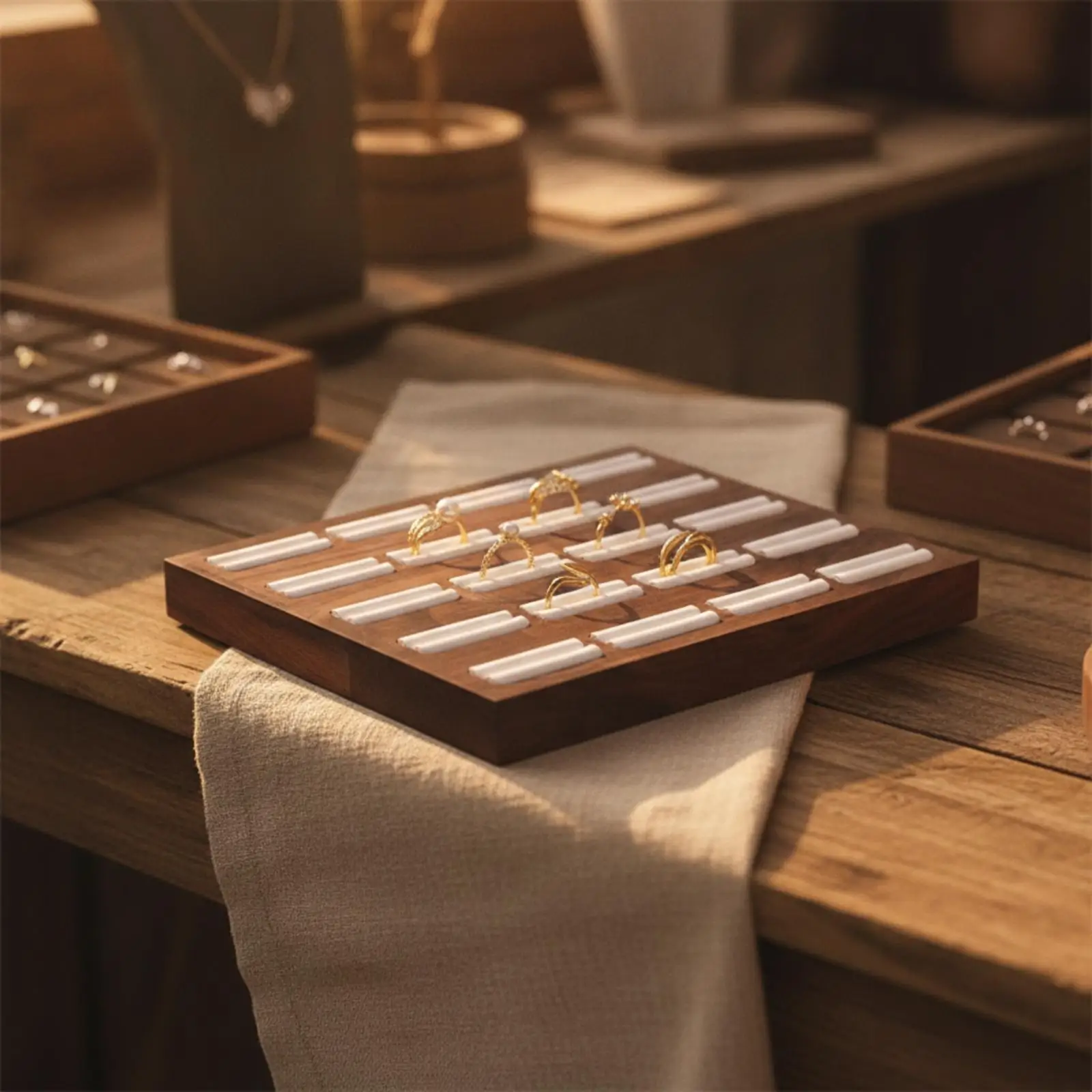 Walnut Wood Jewelry Tray with Velvet Slots Compact Band Display Tray Soft