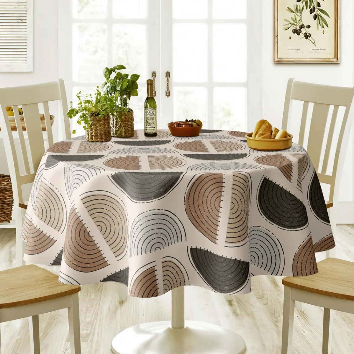 1pc Polyester Tablecloth. Features a geometric circular sun design. Suitable for parties, garden decorations and gifts.zyc