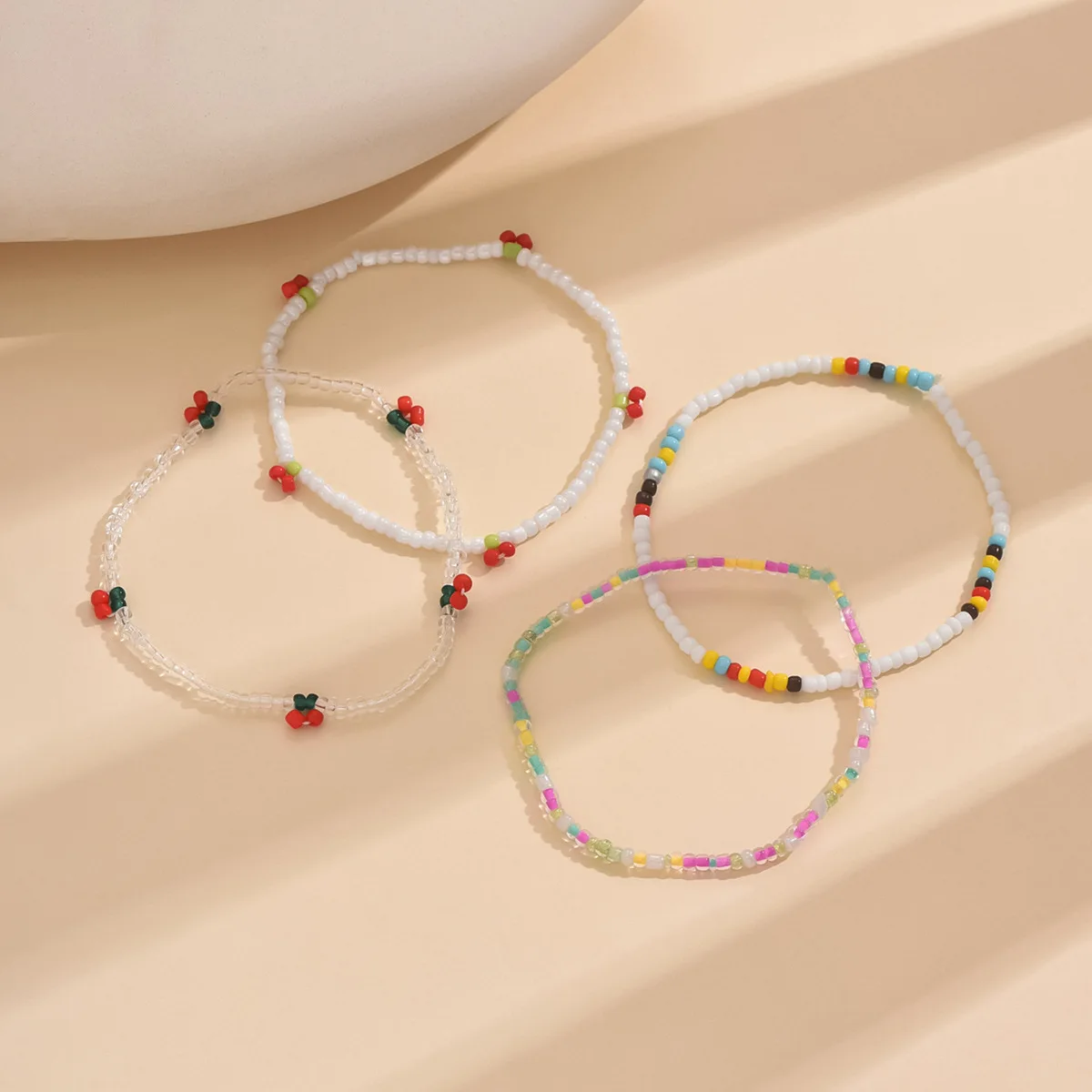 4 Stks/set Boho Kleurrijke Glazen Rijst Kralen Elastische Enkelbanden Vrouwen Zomer Strand Cherry Handgemaakte Enkelband Armband Op Been Voet Sieraden