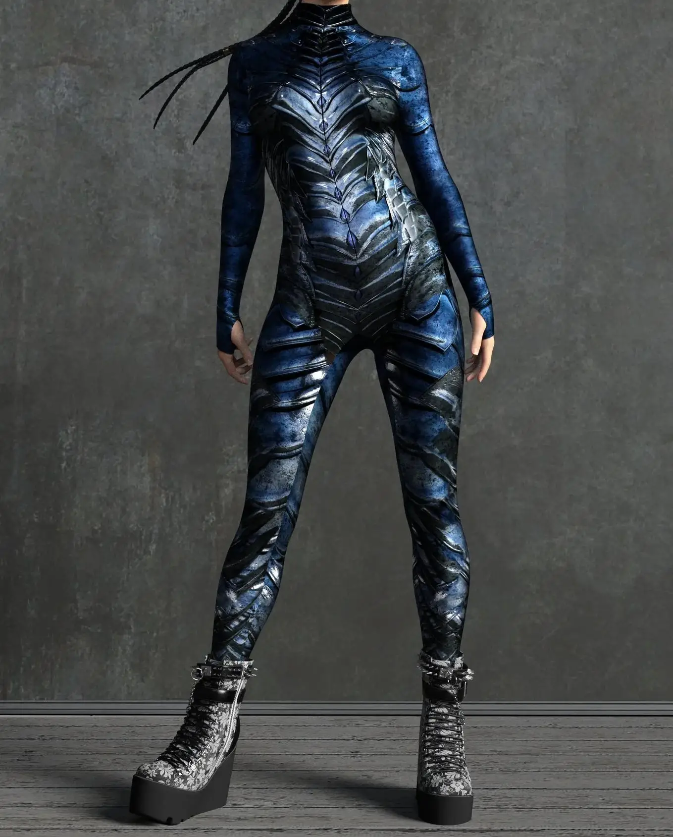 Horror-Monster Damen Cosplay Punk-Rüstungs-Jumpsuit Kostüm Elastischer Festtags-Party-Auftritts-Bodysuit Overall Zentai – Detail 15