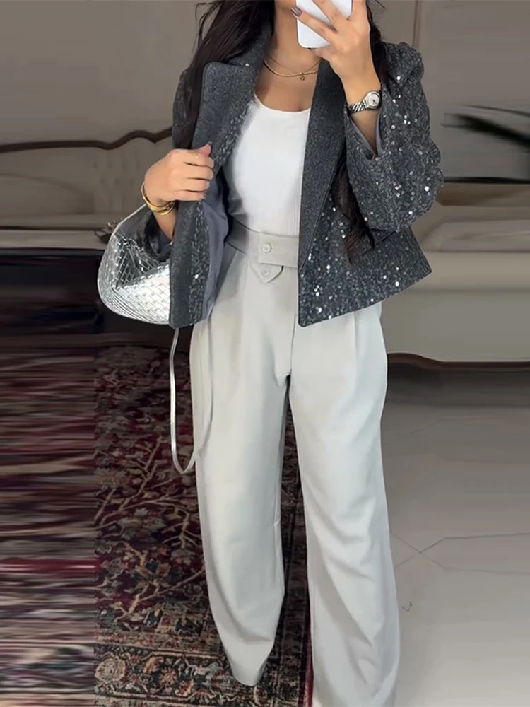 

Street Sequin Short Blazer Women Loose Lapel Long Sleeves Shiny Coats Female 2026 Chic New Fashion High Street Solid Outwears