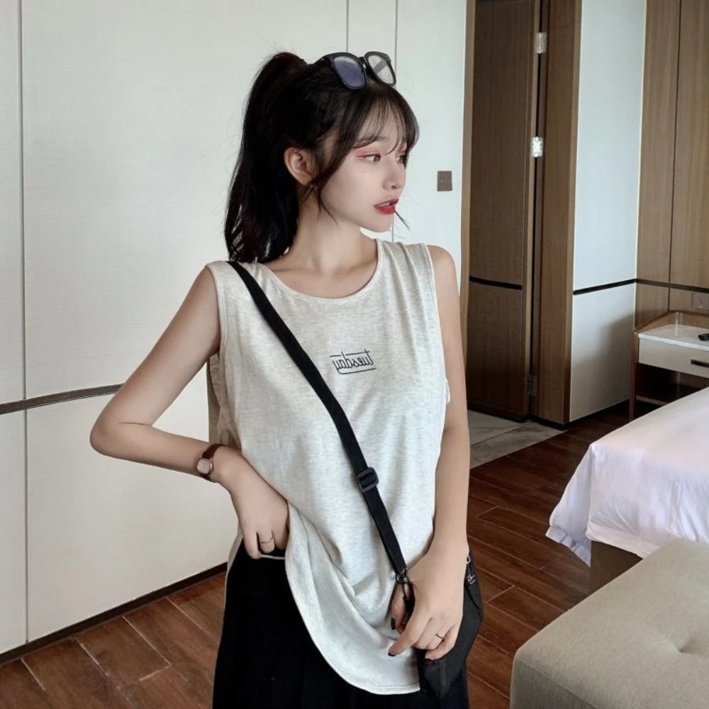

Breathable Loose Sleeveless T Shirt Simple Curved Hem Vest Top Women Summer Clothes Thin Casual Tank Top Sport
