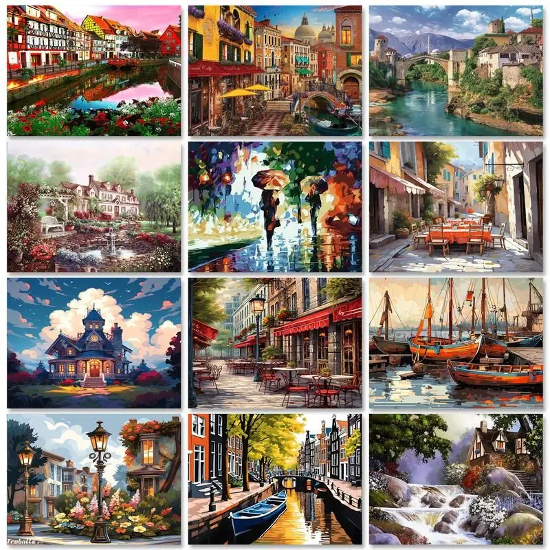 SDOYUNO Town Painting By Number With Frame House Drawing Paint By Numbers Landscape Picture Painting On Canvas Wall Art Diy Gift