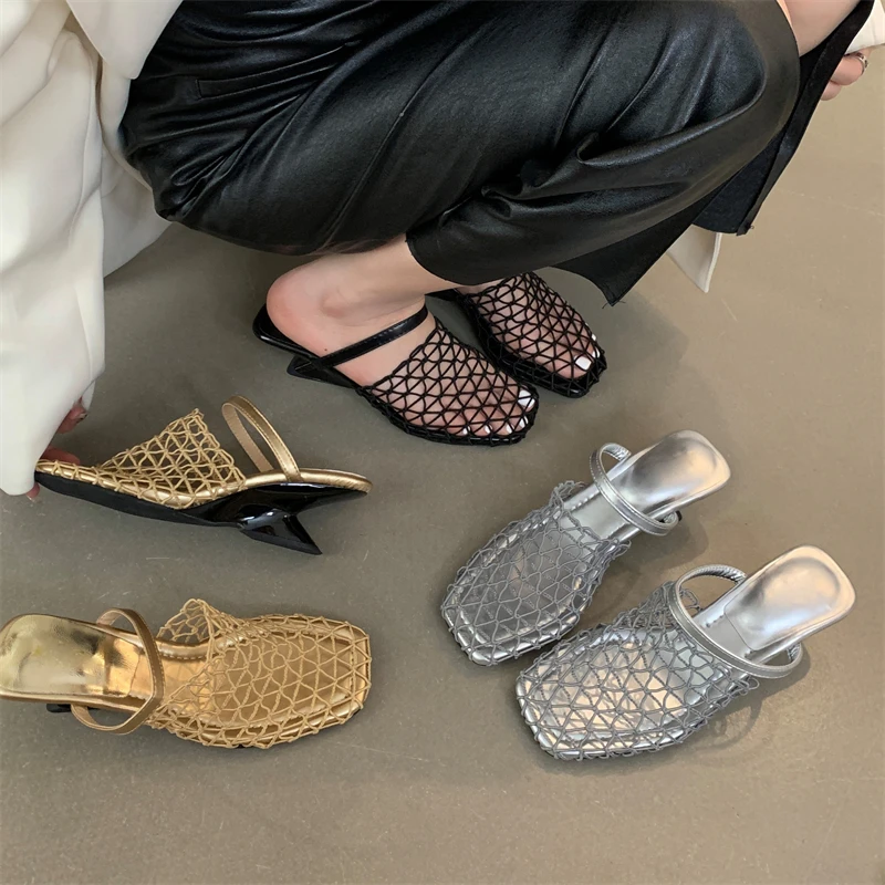 Aneikeh 2026 Summer Slippers Sandals Party Shoes for Women Fashion Strange Style Square Toe Shallow Narrow Band Weaving Slip-On
