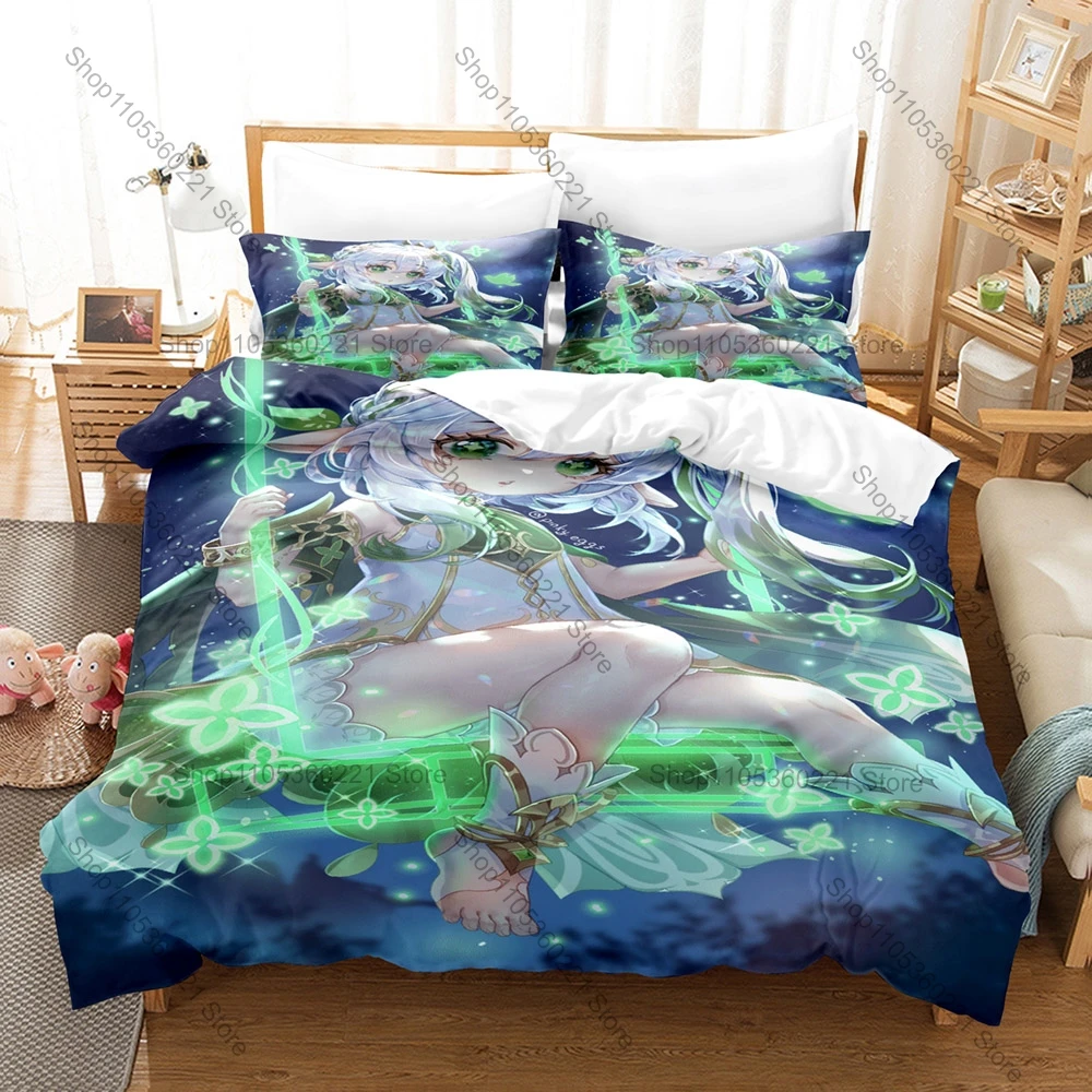 Cool Nahida Fan Merch Duvet Cover + 2 Pillowcases, Exquisite Genshin Impact Art Print Bedding Set Comfortable Textile for Game L