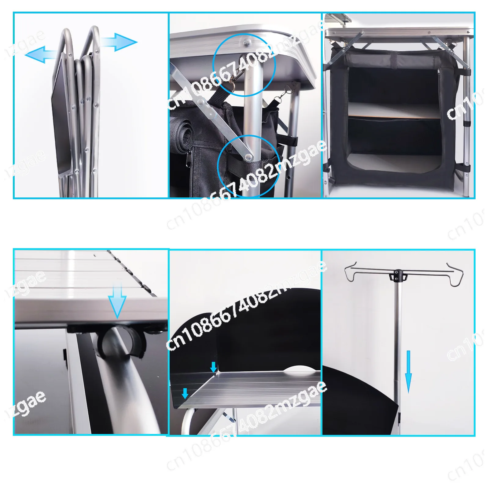 Hot-selling outdoor camping mobile kitchen aluminum folding table with cloth cabinet