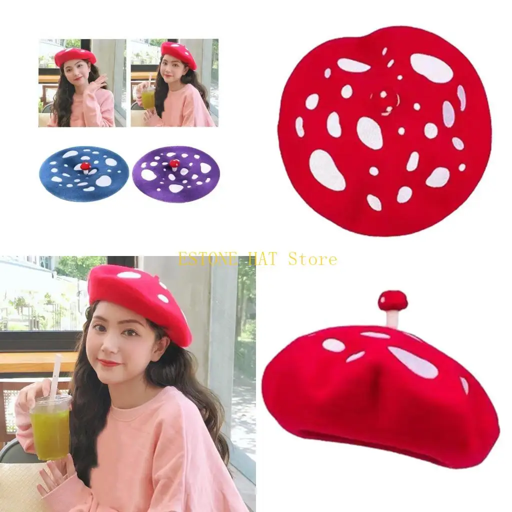 49MF Sweet Girl Mushroom Hat for Cold Weather Female Cap Autumn Winter Wool Hat Elegant Casual Headwear Accessory
