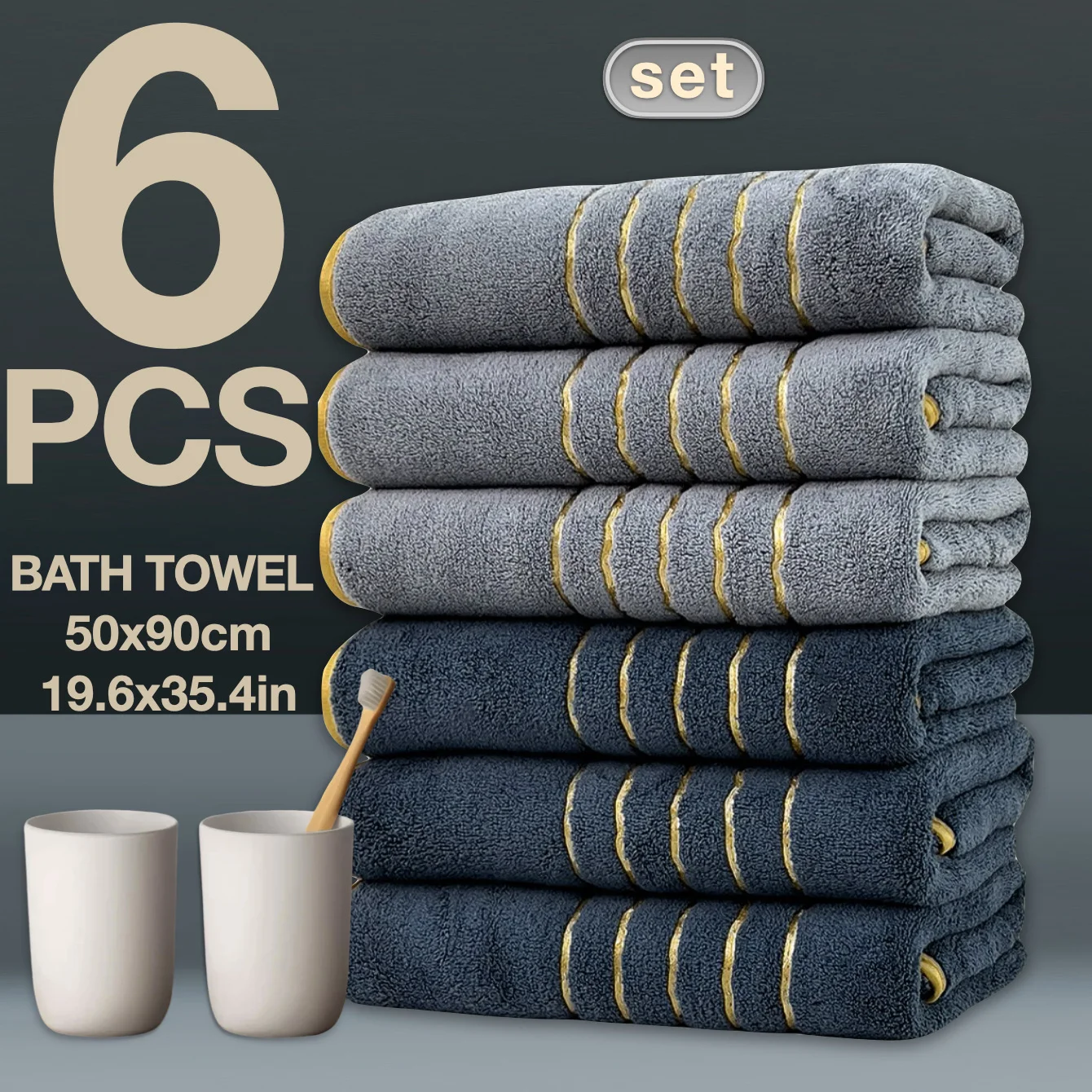 6 Pack Luxury Coral Towel Set Golden Thread Design Soft Absorbent Quick Dry 19.7x35.4 Inch for Hotel Spa Bathroom Gift