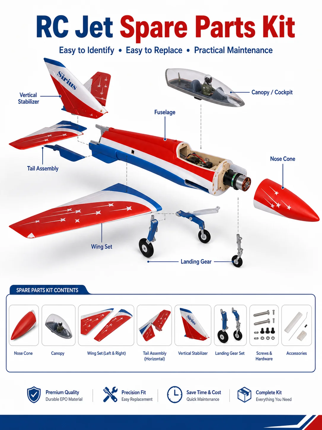 Xfly Model Rc Airplane Spare Parts 80Mm Sirius Fixed Wing Rc Jet Plane Replacement Accessory For Flying Hobby Enthusiasts