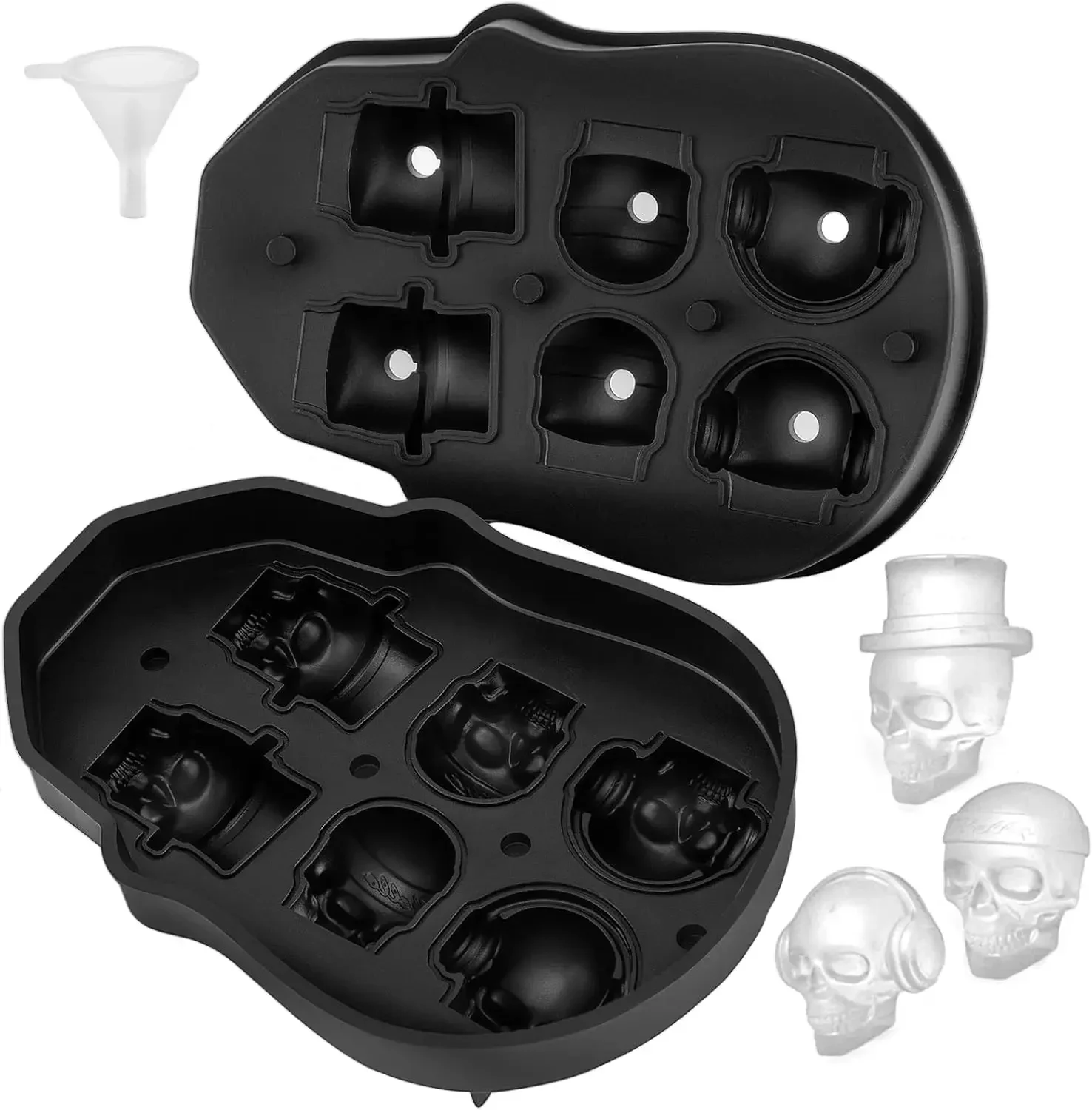 

Skull Ice Cube Tray, 6-Grid Skull Ice Ball Maker, Flexible Black Silicone Tray with Lid & Funnel, Skull Cubes