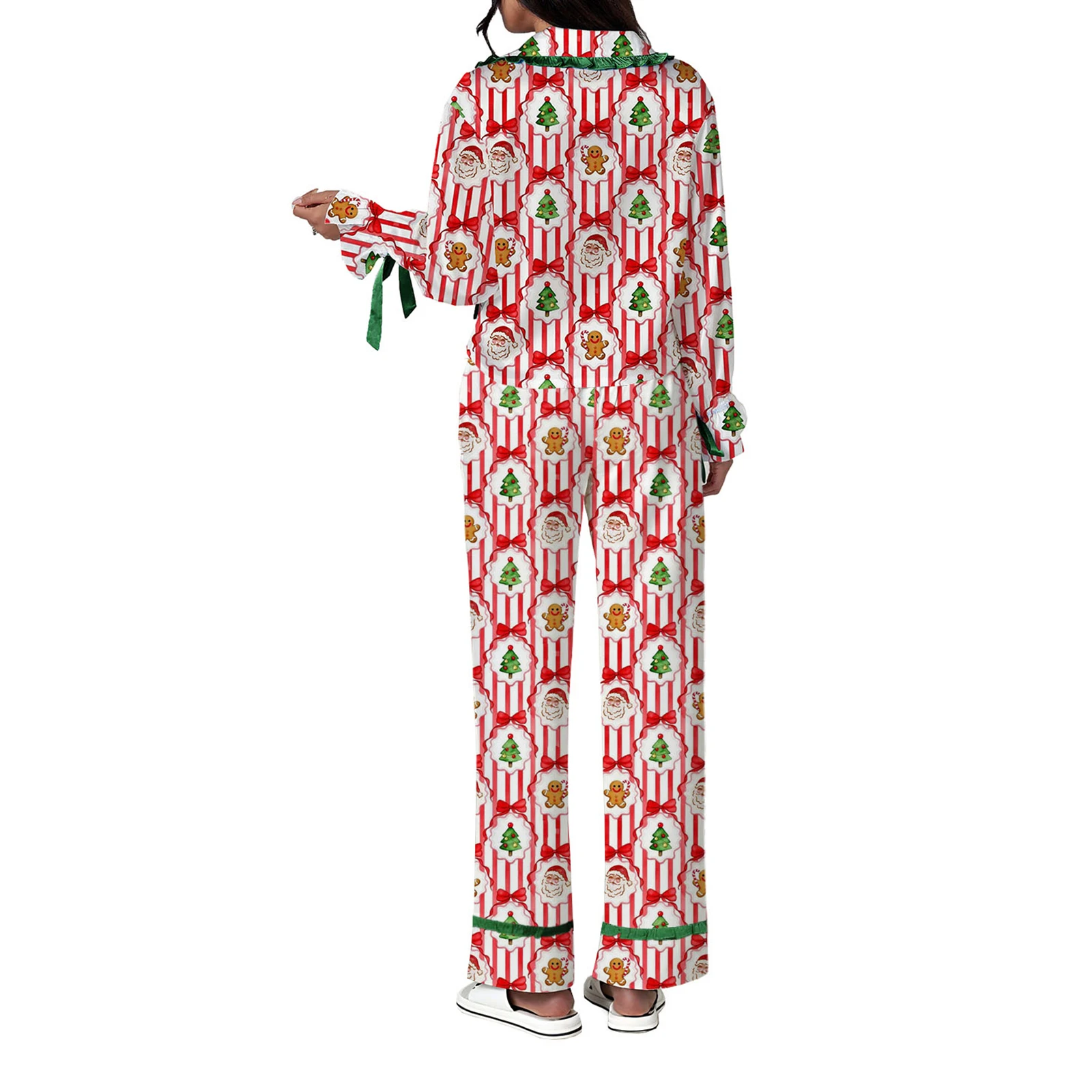 Women Christmas Pajama Sets Santa Claus/Bow Striped Print Lapel V Neck Long Sleeve Button Shirts Tops Pants 2pcs Soft Sleepwear