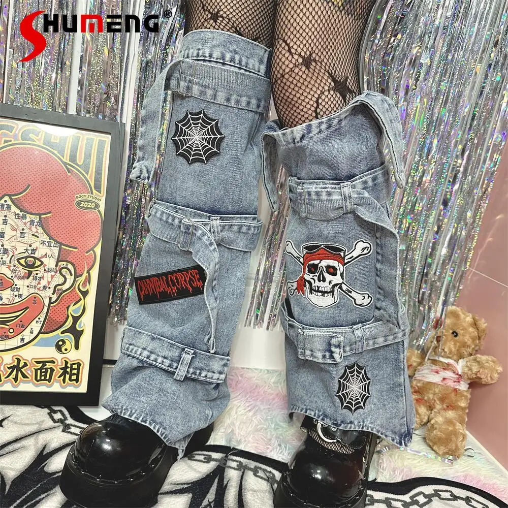 

2024 Hot Girl Streetwear Fashion Original Spider Skull Web Embroidery Denim Leg Warmer Punk Casual All-Match Thigh High Socks