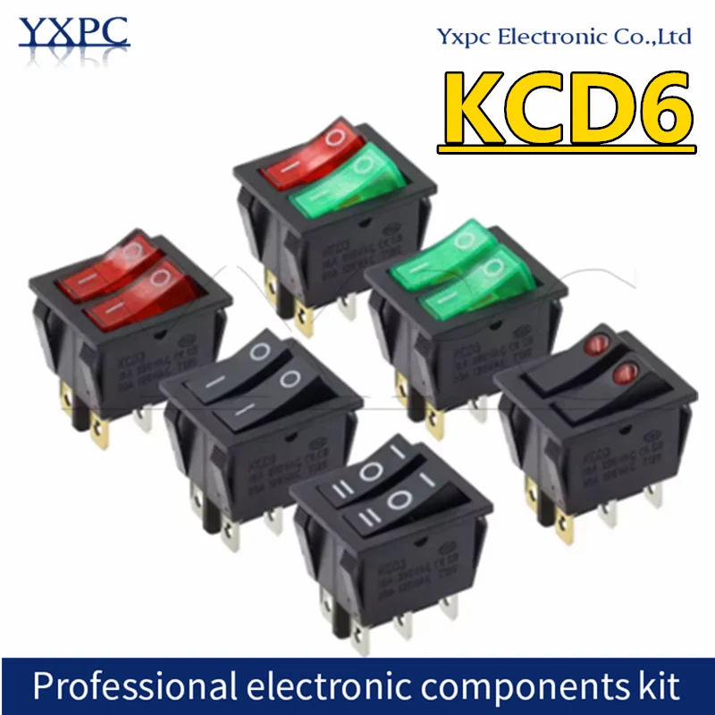 KCD6 16A 250V AC Rocker Switch Boat Switch 6pins With Lamp ON-OFF Red The Electric Grill Green Electric Heater Double Ship Type