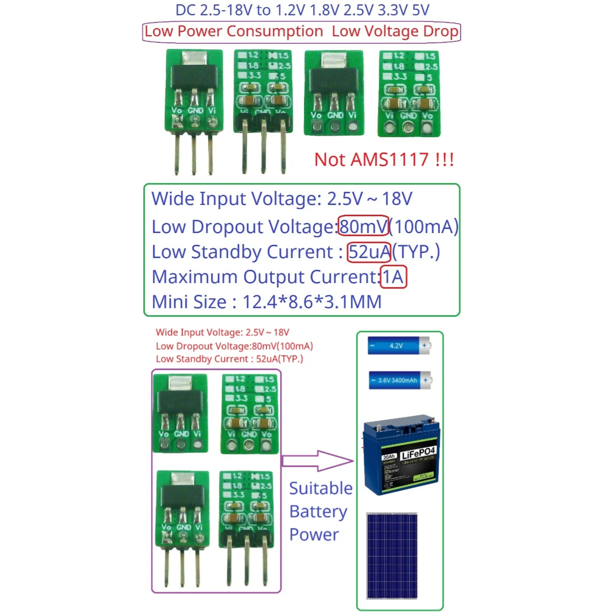 1A 3.6V 4.2V-18V to 1.2V 1.8V 2.5V 3.3V 5V LDO Regulators for Li-ion Li-po LiFePO4 Solar Energy Lithium Titanate Battery