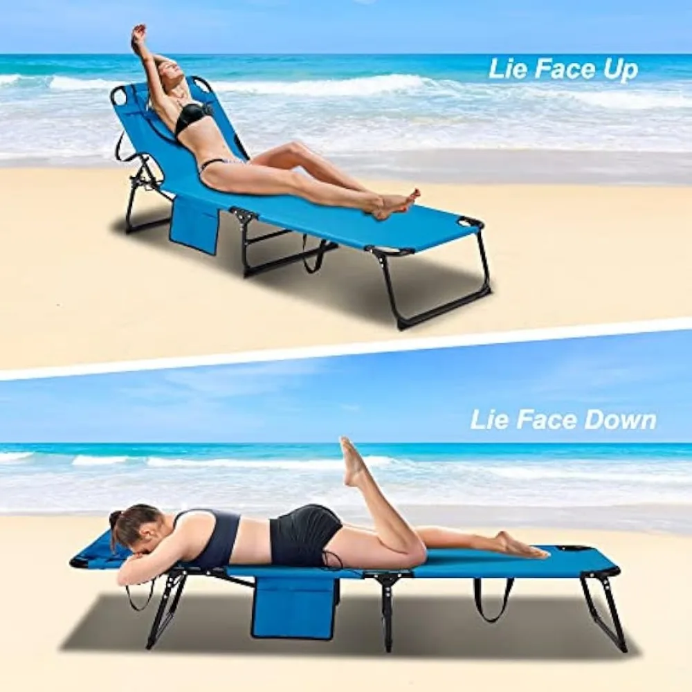 Candockway Tanning Chair, 300lbs Folding Beach Lounger with Face Hole, Adjustable Backrest, Non-Slip Foot & Portable Handle