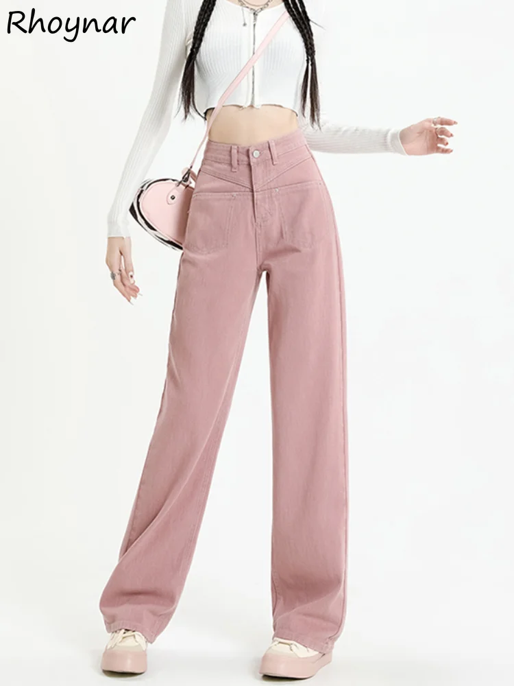 

Pink High Waist Jeans Women Autumn Sweet Girls College Wide Leg Loose Cozy Straight All-match Casual Daily Ulzzang Streetweat