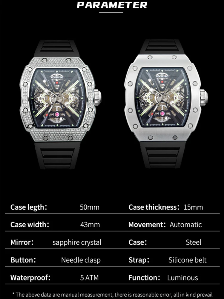 PINDU nuovo orologio da uomo cassa in acciaio inossidabile impermeabile da 50 metri quadrante luminoso con specchio in zaffiro orologio meccanico da uomo alla moda