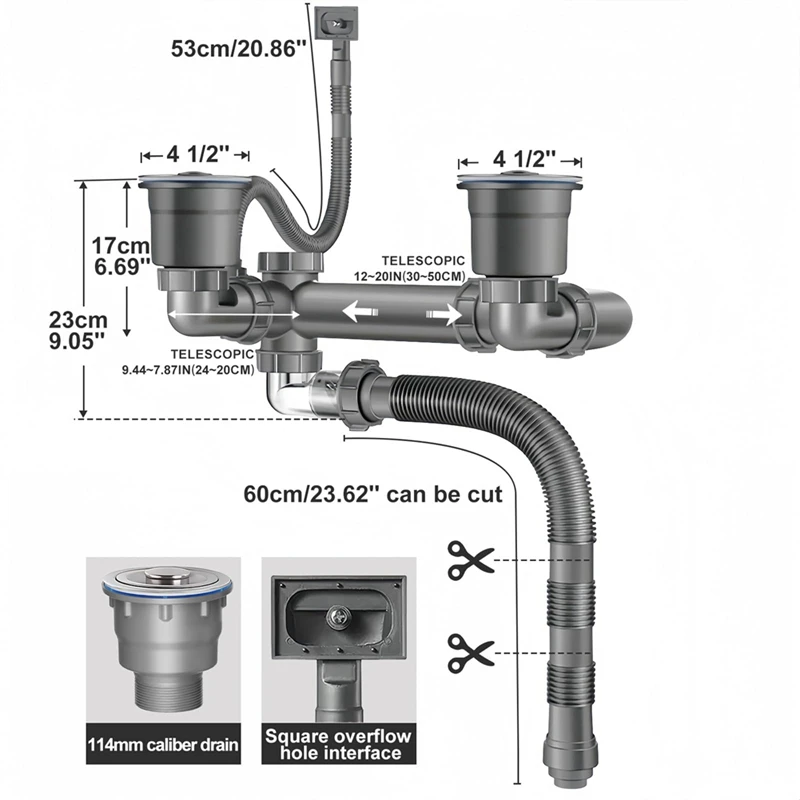 Double Sink Drain Kit Space Saving Kitchen Sink Drain Kit Expandable Flexible 1 1/2In P-Trap Pipe 3-1/2 Inch Sink Drain-A75P