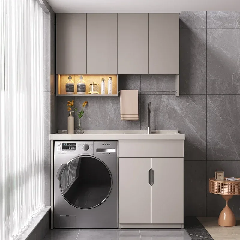 

Заводская цена. Алюминиевый шкаф-пенал для стиральной машины с интегрированным отсеком для балкона, без стиральной доски, с раковиной из кварцевого камня Kerry.