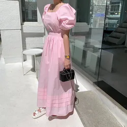 Chic Fashion Korean Summer Pink Puff Short Sleeve Long Dress For Women Square Collar Lace Up High Waist Pockets Robe Vestidos