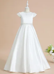 Ball Gown Princess Scoop Floor Length Lace Satin Flower Girl Dress Evening Dress New Elegant Banquet Gowns