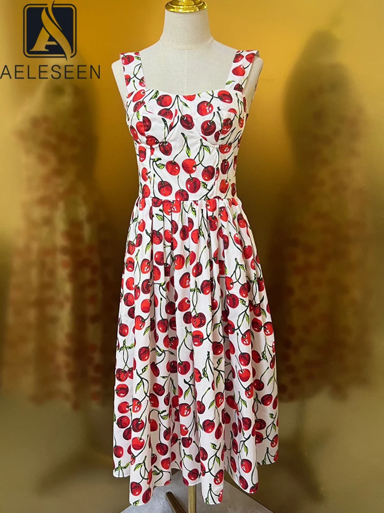 

AELESEEN 100% Cotton Summer Dress Women Sicilian Spaghetti Strap Fruits Print Back Elastic Elegant Long Party Camisole