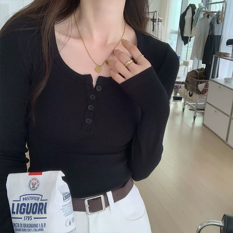 Autumn Winter Button V Neck T-shirt Women Basic Slim Pullover Women T-shirt Pullovers Knit  Soft Warm Tops ﻿